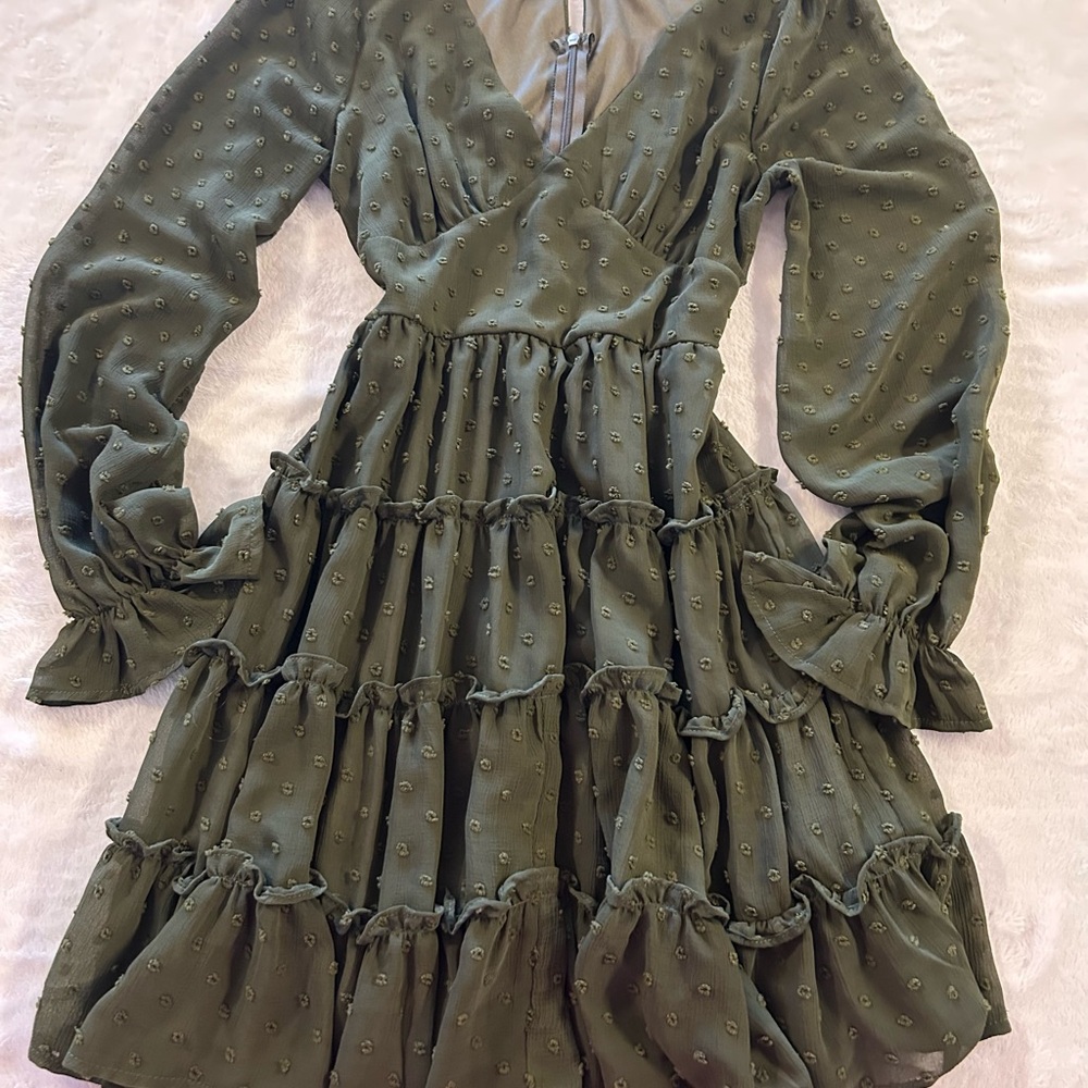 Altar'd State Mini Dress Olive Green Swiss Dot Dress Size XS Ruffle Long Sleeve